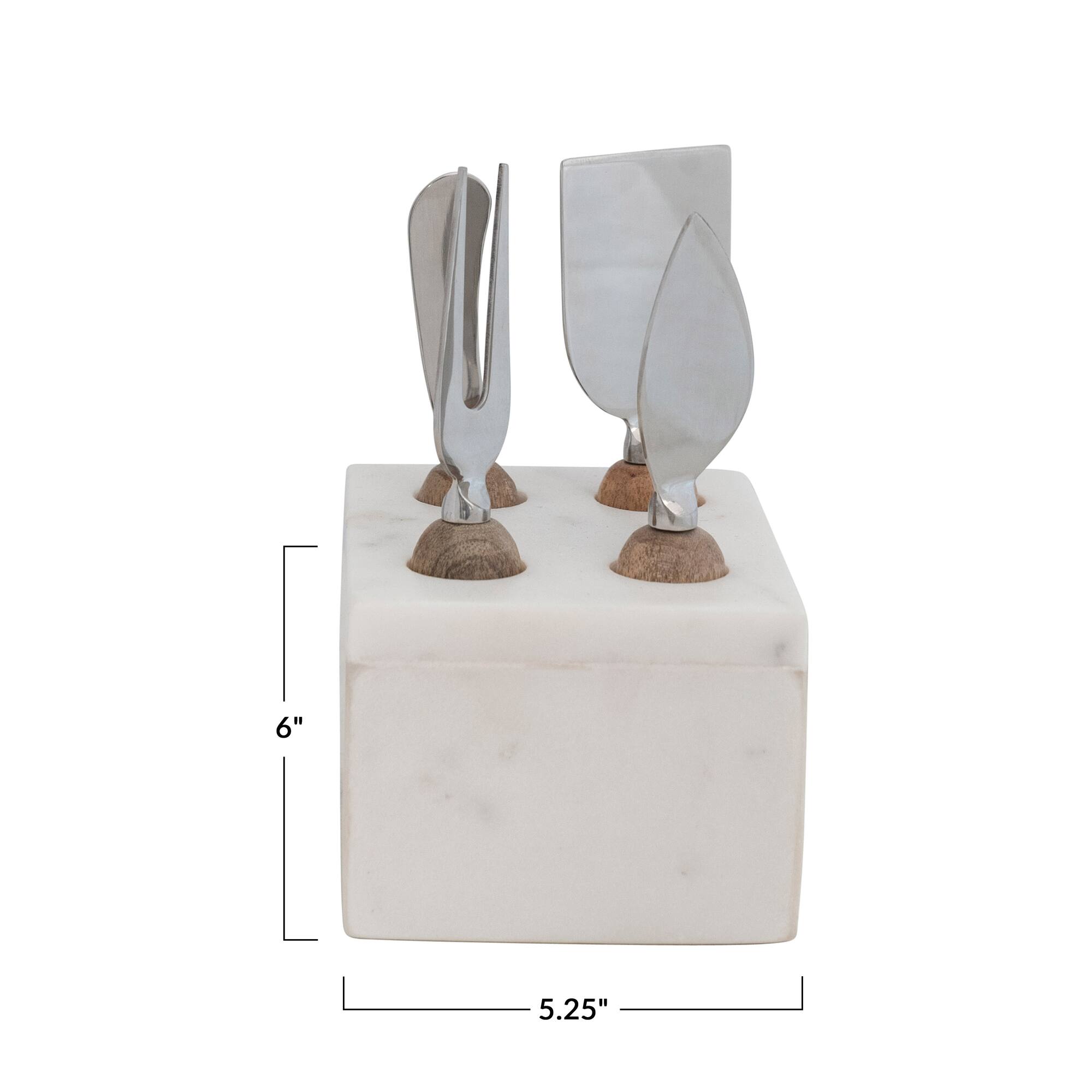 Hello Honey® Modern Stainless Steel Cheese Servers with Wood Handles & Marble Stand